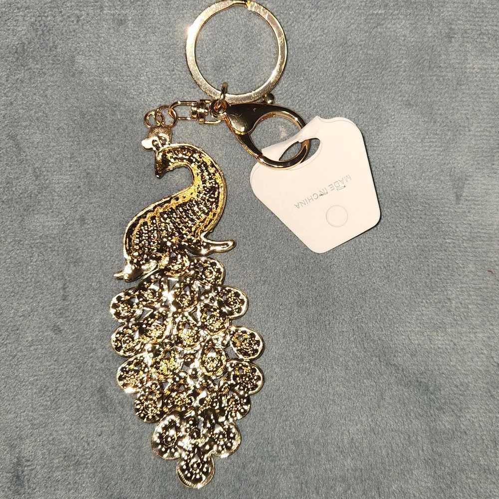 Blue Peacock with Gold Accents Bag Charm Keychain - Picture 3 of 4